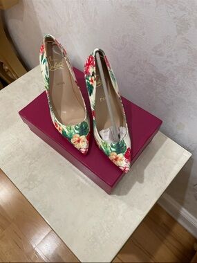 Christian Louboutin Floral Pointed-Toe Pumps in White, Green, Red